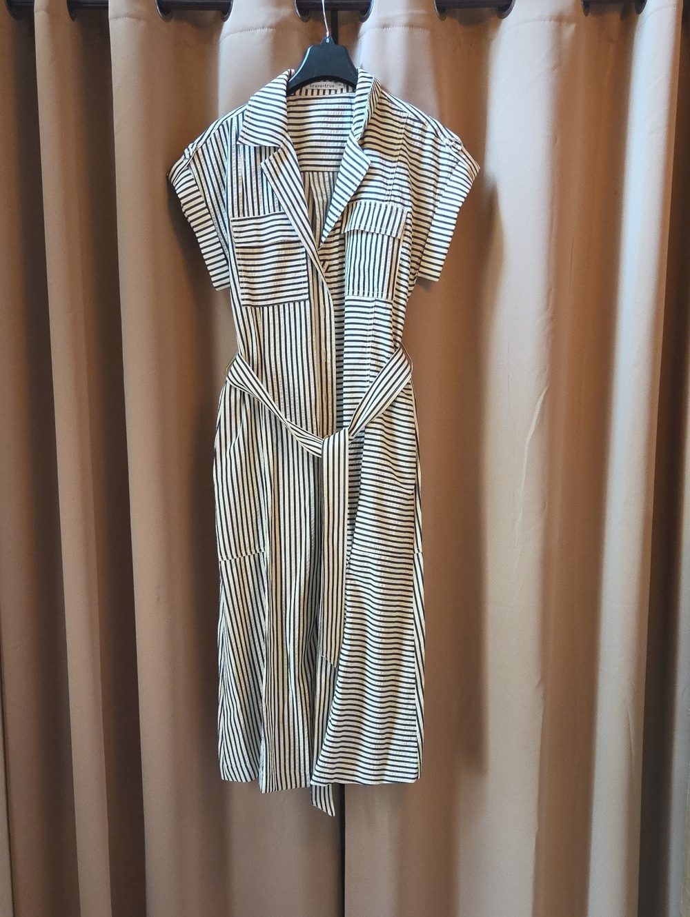 Brave+True Striped Black & White Midi Dress with Waist Tie